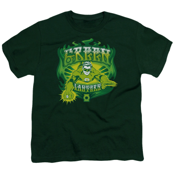 Hunter green youth t-shirt for ages 8 to 12 with Green Lantern Green Flames graphic