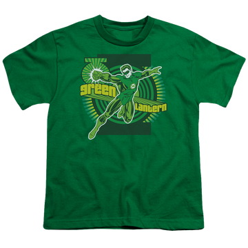 Kelly green youth t-shirt for ages 8 to 12 with Green Lantern graphic
