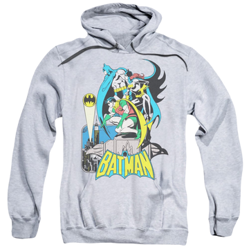 Athletic heather pullover hoodie with Batman Robin Heroic Trio graphic