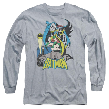 Athletic heather men's long sleeve t-shirt with Batman DC Comics Heroic Trio graphic