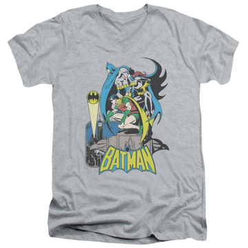 Athletic heather men's v-neck t-shirt with Batman DC Comics Heroic Trio graphic