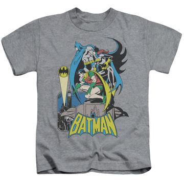 Athletic heather kid's t-shirt for ages 4 to 7 with Batman Robin Heroic Trio graphic
