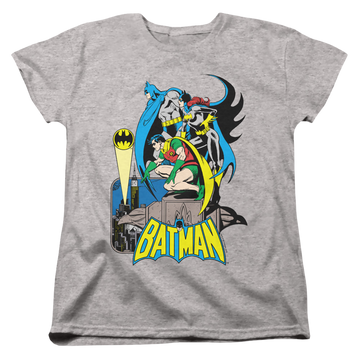 Athletic heather women's t-shirt with Batman Robin Heroic Trio graphic