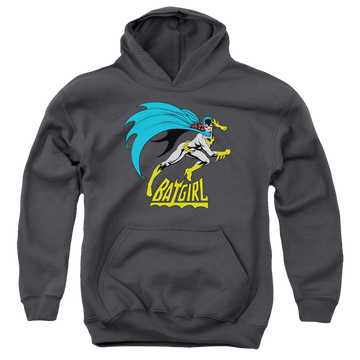 Charcoal youth hoodie for ages 8 to 12 with Batman Batgirl Is Hot graphic