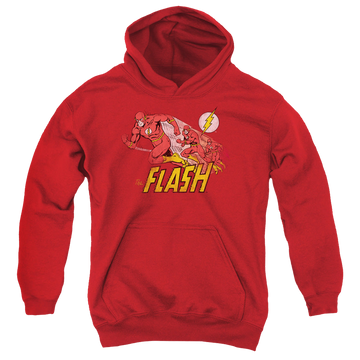 Red youth hoodie for ages 8 to 12 with The Flash Crimson Comet graphic