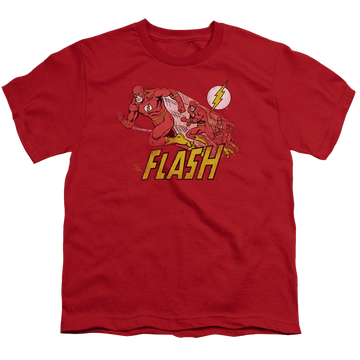 Red youth t-shirt for ages 8 to 12 with The Flash Crimson Comet graphic