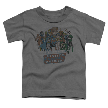 Charcoal toddler t-shirt with Join The Justice League graphic