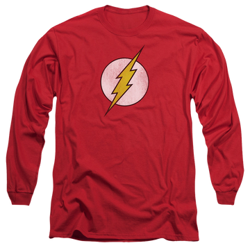 Red men's long sleeve t-shirt with Flash Logo Distressed graphic