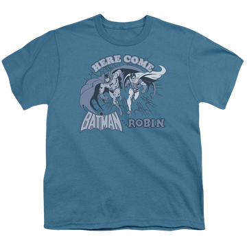 Slate youth t-shirt for ages 8 to 12 with Robin Here Come Batman And Robin graphic
