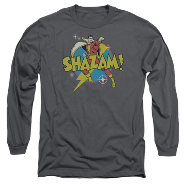 Charcoal men's long sleeve t-shirt with Shazam DC Comics Power Bolt graphic