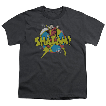 Charcoal youth t-shirt for ages 8 to 12 with Shazam Power Bolt graphic