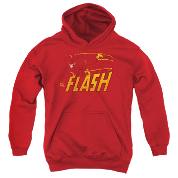 Red youth hoodie for ages 8 to 12 with Flash Speed Distressed graphic