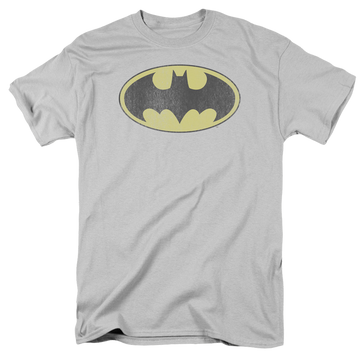 Silver men's regular fit t-shirt with Dc Batman Retro Bat Logo Distressed graphic
