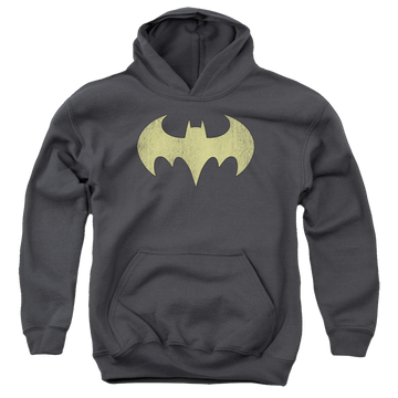Charcoal youth hoodie for ages 8 to 12 with Batman Batgirl Logo Distressed graphic