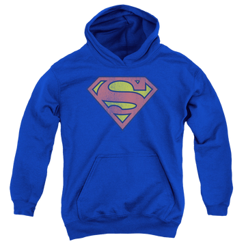 Royal youth hoodie for ages 8 to 12 with Superman Retro Supes Logo Distressed graphic