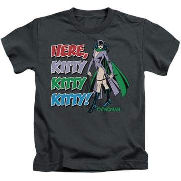 Charcoal kid's t-shirt for ages 4 to 7 with Catwoman Here Kitty graphic