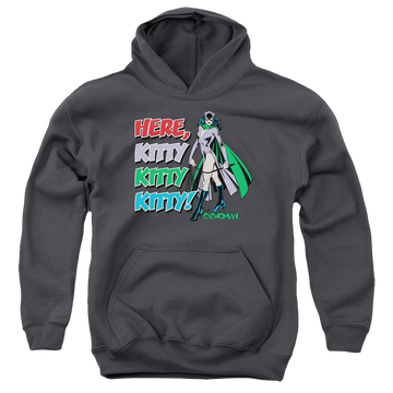 Charcoal youth hoodie for ages 8 to 12 with Catwoman Here Kitty graphic
