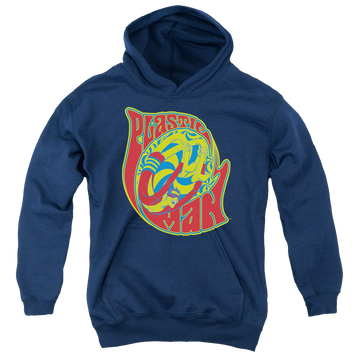 Navy youth hoodie for ages 8 to 12 with Plastic Man How I Roll graphic