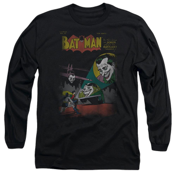 Black men's long sleeve t-shirt with Batman DC Comics Wrong Signal graphic