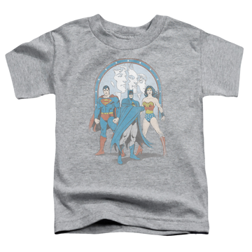 Athletic heather toddler t-shirt with Justice League Trinity graphic