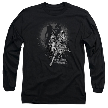 Black men's long sleeve t-shirt with Justice League DC Comics Bad Girls Are Good graphic