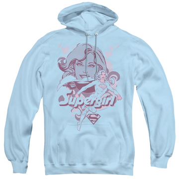 Light blue pullover hoodie with Superman Supergirl graphic