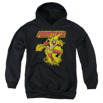 Black youth hoodie for ages 8 to 12 with Firestorm graphic