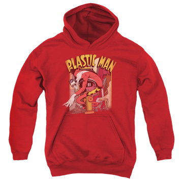 Red youth hoodie for ages 8 to 12 with Plastic Man Street graphic