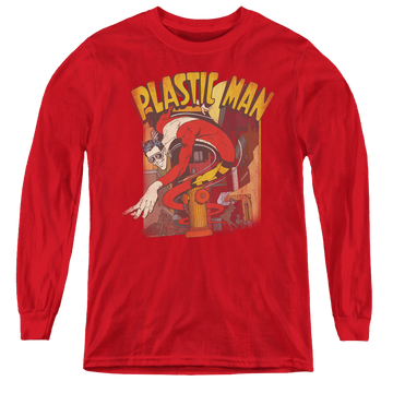 Red youth long sleeve t-shirt with Plastic Man Street graphic