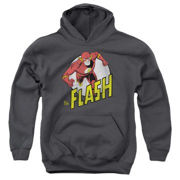 Charcoal youth hoodie for ages 8 to 12 with The Flash Run Flash Run graphic