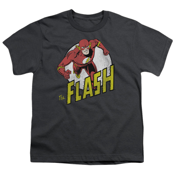 Charcoal youth t-shirt for ages 8 to 12 with The Flash Run Flash Run graphic