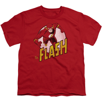 Red youth t-shirt for ages 8 to 12 with The Flash graphic