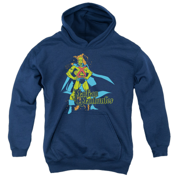 Navy youth hoodie for ages 8 to 12 with Martian Manhunter graphic