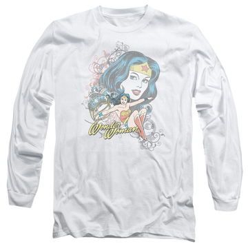 White men's long sleeve t-shirt with Wonder Woman DC Comics Wonder Scroll graphic