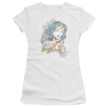 White juniors t-shirt with Wonder Woman DC Comics Wonder Scroll graphic