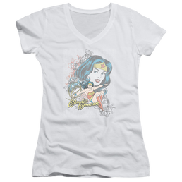 DC Comics Wonder Scroll - Juniors V-Neck T-Shirt Juniors V-Neck T-Shirt Wonder Woman   