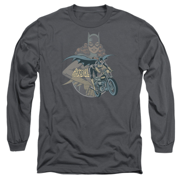Charcoal men's long sleeve t-shirt with Batman Batgirl Biker graphic