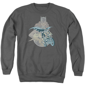 Charcoal men's crewneck sweatshirt with Batman Batgirl Biker graphic