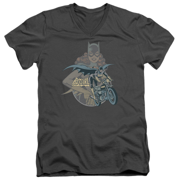 Charcoal men's v-neck t-shirt with Batman Batgirl Biker graphic