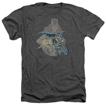 Charcoal men's heather t-shirt with Batman Batgirl Biker graphic