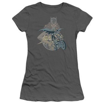 Charcoal juniors t-shirt with Batman Batgirl Biker graphic