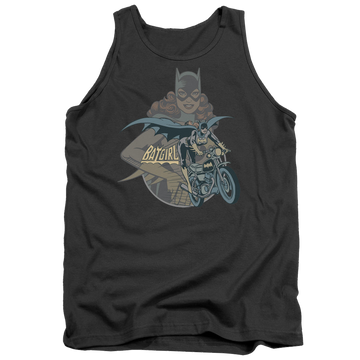 Charcoal men's tank with Batman Batgirl Biker graphic