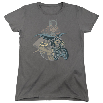 Charcoal women's t-shirt with Batman Batgirl Biker graphic
