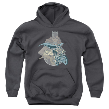 Charcoal youth hoodie for ages 8 to 12 with Batman Batgirl Biker graphic