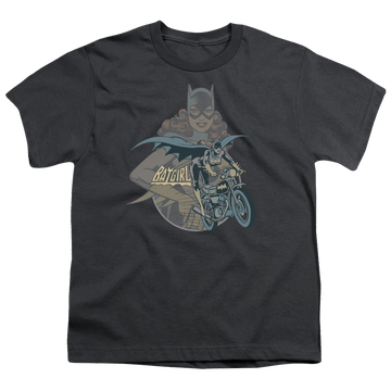 Charcoal youth t-shirt for ages 8 to 12 with Batman Batgirl Biker graphic