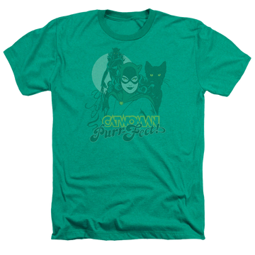 Kelly green men's heather t-shirt with Catwoman Perrfect! graphic