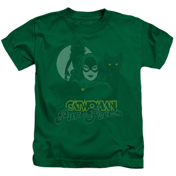 Kelly green kid's t-shirt for ages 4 to 7 with Catwoman Perrfect! graphic