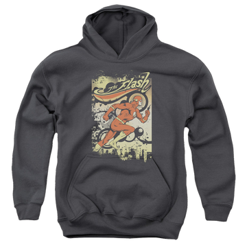 Charcoal youth hoodie for ages 8 to 12 with The Flash Just Passing Through graphic