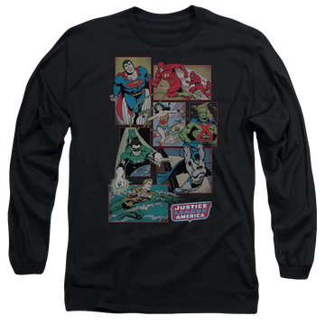 Black men's long sleeve t-shirt with DC Comics Justice League Boxes graphic