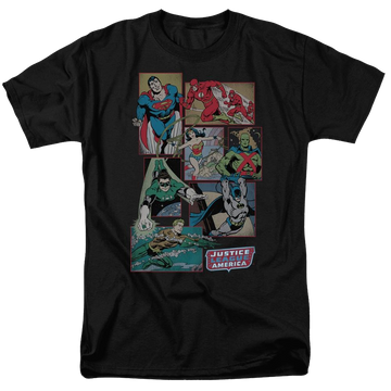 Black men's regular fit t-shirt with DC Comics Justice League Boxes graphic